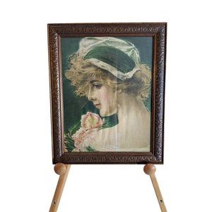 Antique Victorian Lady Portrait Print on Canvas with Carved Wood Frame